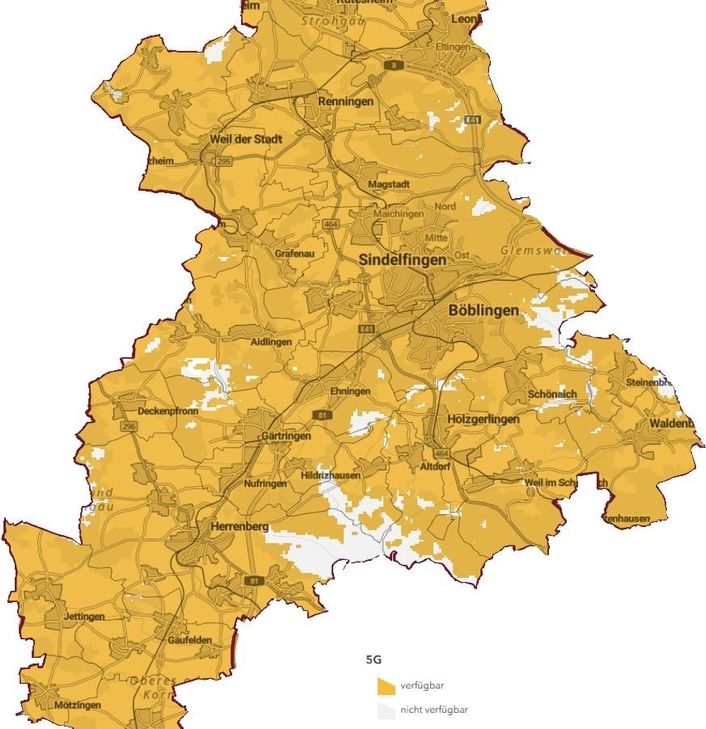 Die Grafik zeigt die 5G-Abdeckung im Landkreis Böblingen über alle Netzbetreiber. Die Karte stammt aus dem Breitbandatlas, der von der zentralen Informationsstelle des Bundes (ZIS) der Bundesnetzagentur betrieben wird. Er ist das zentrale Informationsmedium zur aktuellen Breitbandversorgung in Deutschland für Festnetz und Mobilfunk. Quelle: Breitbandatlas | Gigabit-Grundbuch